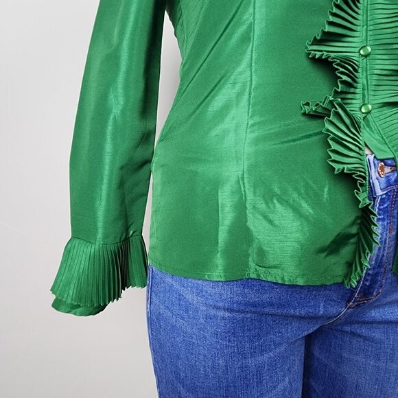 Oscar De La Renta Green Ruffle Button Front Blouse Size 14 - Picture 4 of 9